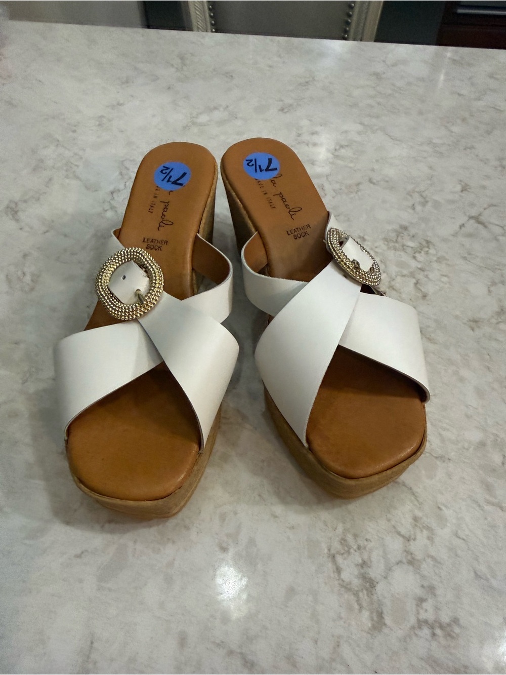 NWT White Crisscross Wedge Sandals with Decorative Buckle.  Made in Italy